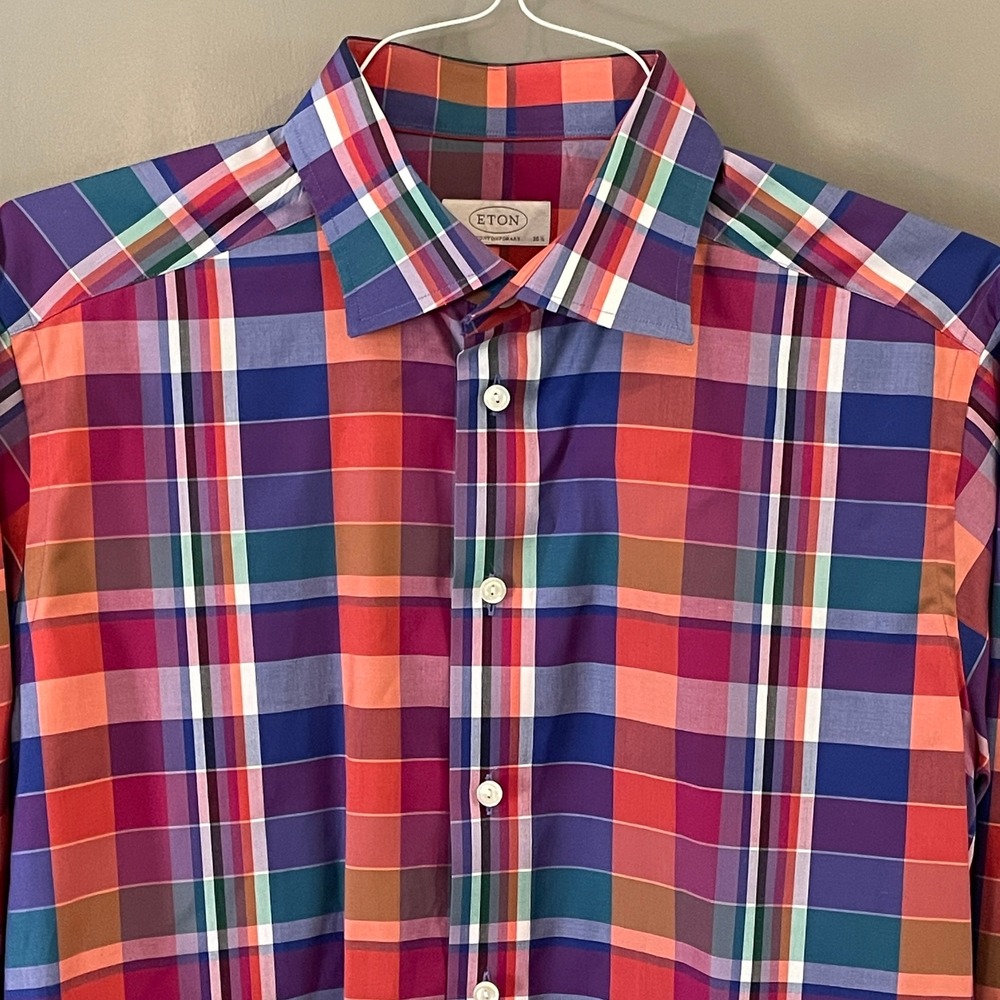 Eton Mens Contemporary Fit Plaid Button Down Shirt Multi Color Size 16.5 42